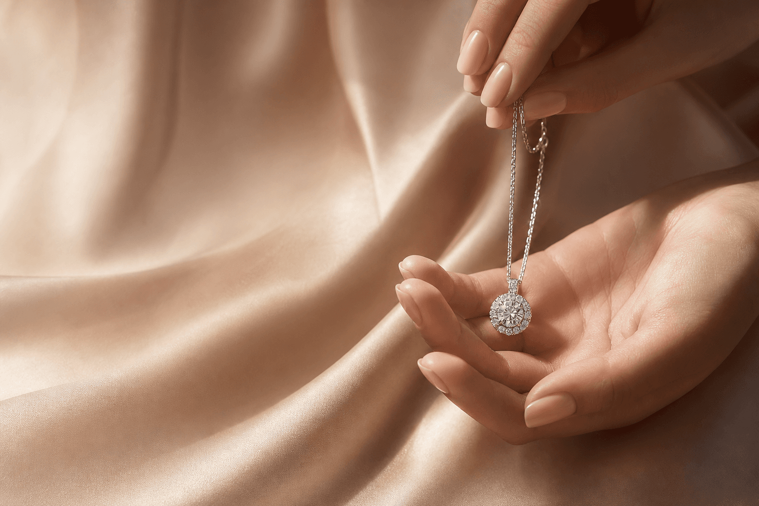 16:9 editorial banner — luminous diamond necklace, soft champagne studio tableau