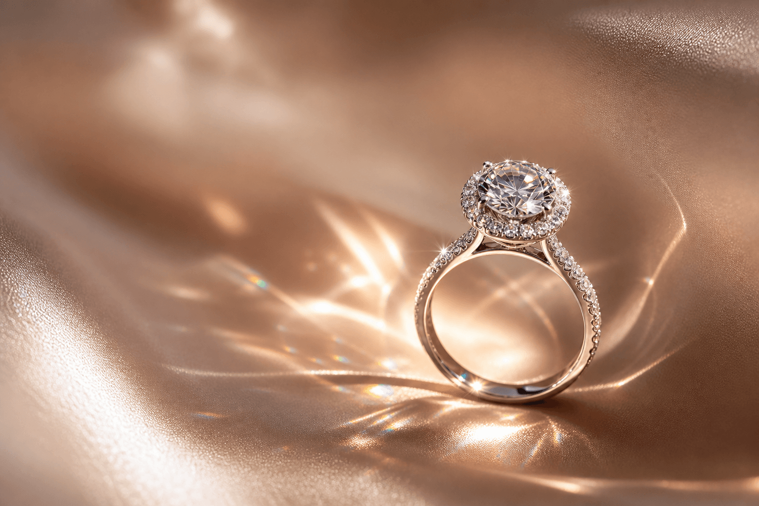 16:9 editorial banner — solitaire diamond ring with caustic sparkles